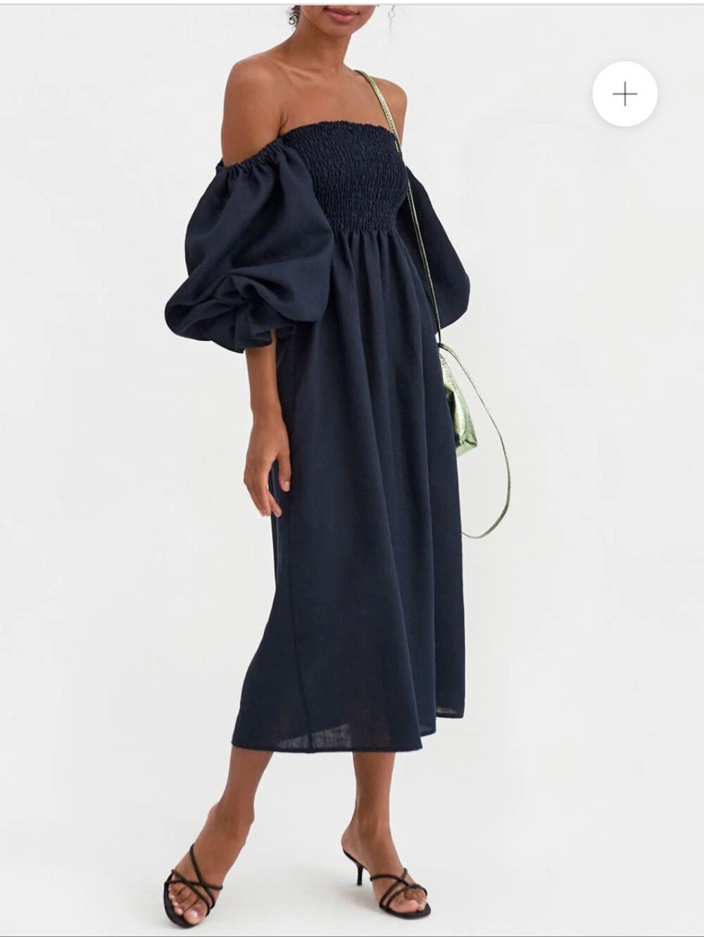 Sleeper Atlanta Linen Midi Dress In Navy Large Smocked Bodice - Picture 3 of 12